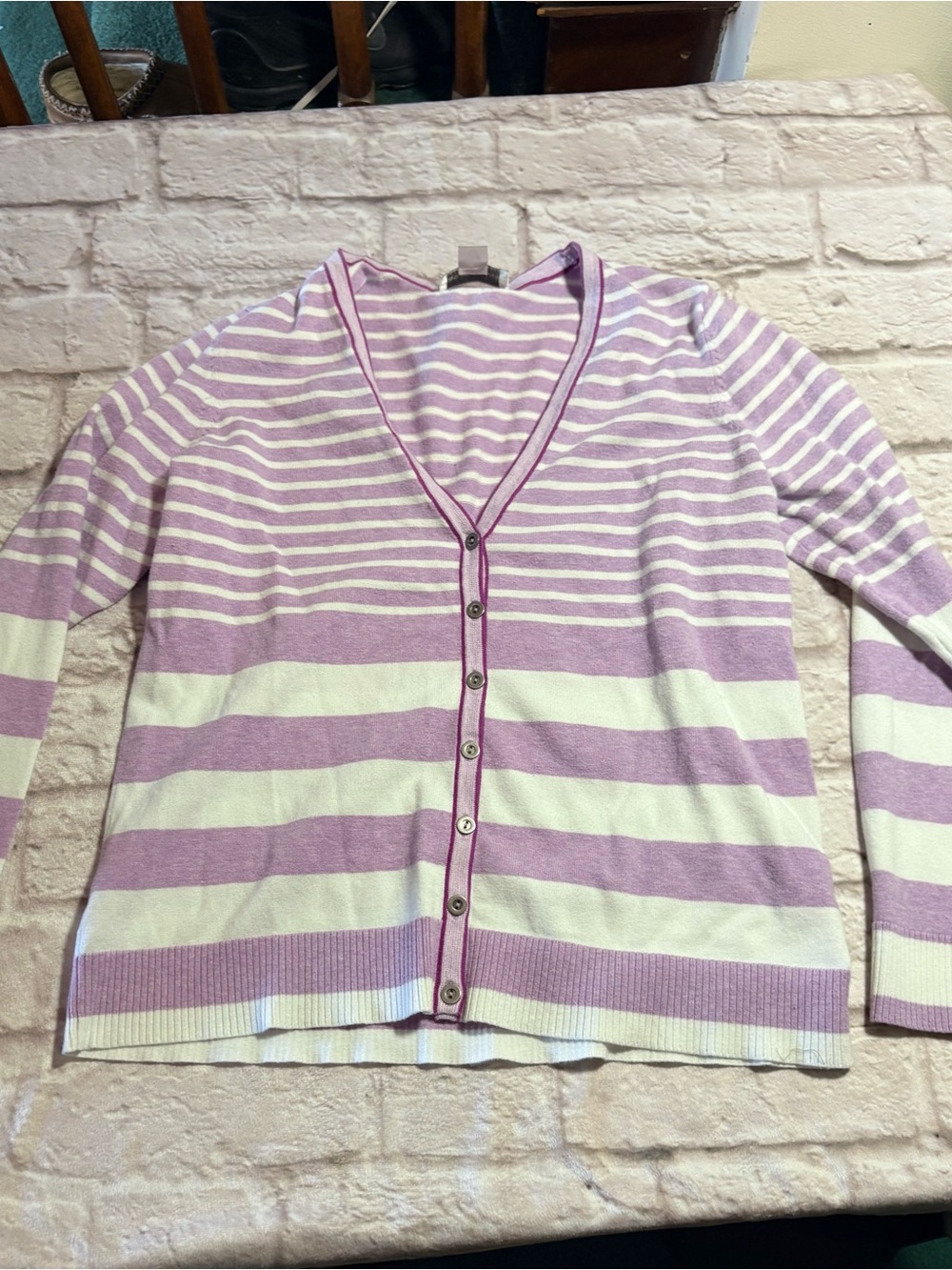 Christopher & Banks Lavender and Cream Striped V-Neck Button Cardigan